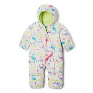 Columbia Infant Hooded Snowsuit with Lime Green Lining and Multicolor Dino Print